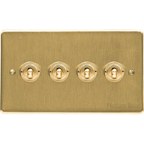 Elite Flat Plate Range Satin Brass Switches & Sockets, T04 - 4 Gang Toggle Switch by Heritage Brass By M-Marcus