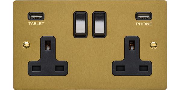 Heritage Brass Electrical, Elite Flat Plate Range - Satin Brass - Double USB Socket (13 Amp), Double USB Socket (13 Amp), 13 AMP Switched Sockets, Double USB Socket (13 Amp)