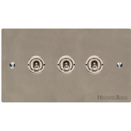 Elite Flat Plate Range Satin Nickel Switches & Sockets, T05 - 3 Gang Toggle Switch by Heritage Brass By M-Marcus