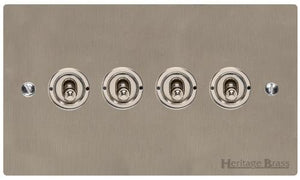 Heritage Brass Electrical, Elite Flat Plate Range - Satin Nickel - 4 Gang Dolly Switch, 4 Gang Dolly Switch, 20 Amp 2 Way Dolly Switches, 4 Gang Dolly Switch