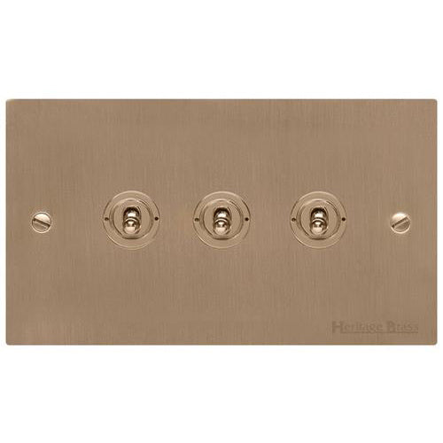 Elite Flat Plate Range Antique Brass Switches & Sockets, T91 - 3 Gang Toggle Switch by Heritage Brass By M-Marcus