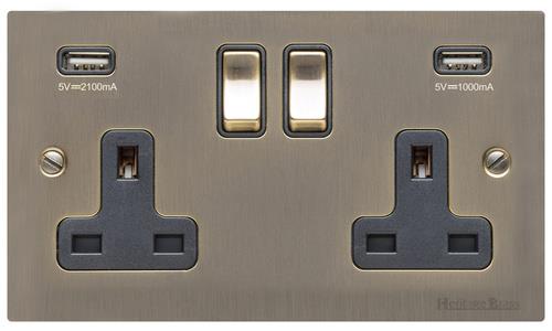 Heritage Brass Electrical, Elite Flat Plate Range - Antique Brass - Double USB Socket (13 Amp), Double USB Socket (13 Amp), 13 AMP Switched Sockets, Double USB Socket (13 Amp)