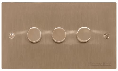 Heritage Brass Electrical, Elite Flat Plate Range - Antique Brass - 3 Gang Dimmer (250 watts), 3 Gang Dimmer (250 watts), 2 Way Push On/Off Dimmer Switches, 3 Gang Dimmer (250 watts)