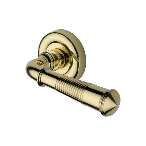 Colonial Reeded Door Handle on Round Rose by M Marcus - Heritage Brass
