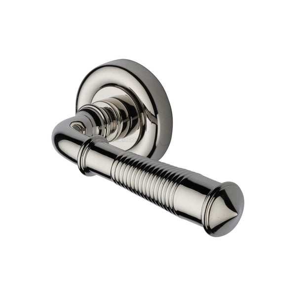 Colonial Reeded Door Handle on Round Rose by M Marcus - Heritage Brass