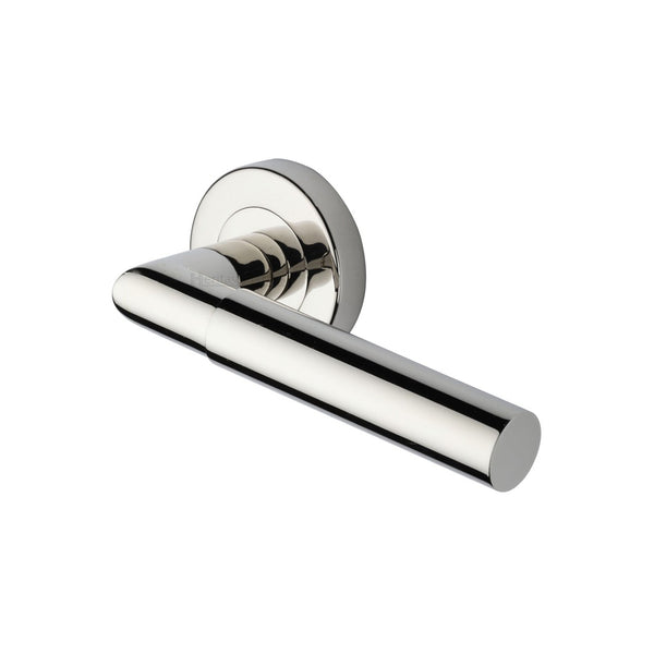 Bauhaus Mitre Door Handle on Round Rose by M Marcus - Heritage Brass