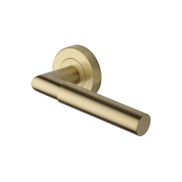 Bauhaus Mitre Door Handle on Round Rose by M Marcus - Heritage Brass