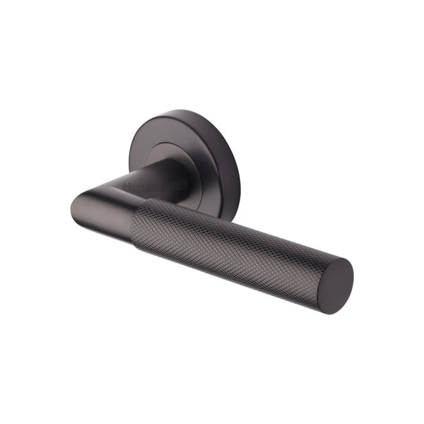 Bauhaus Mitre Knurled Door Handle on Round Rose by M Marcus - Heritage Brass