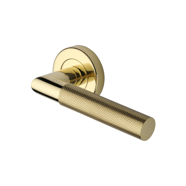 Bauhaus Mitre Knurled Door Handle on Round Rose by M Marcus - Heritage Brass