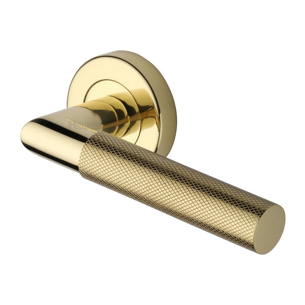 M Marcus - Heritage Brass, Bauhaus Mitre Knurled Door Handle on Round Rose, Door Handles, Door Handles on Round Rose