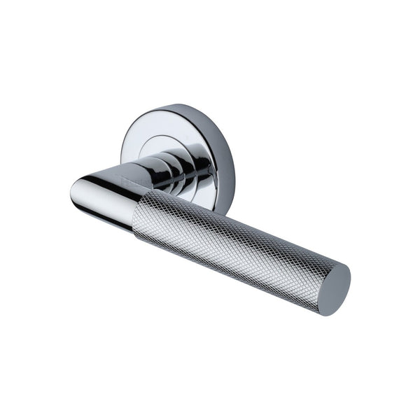 Bauhaus Mitre Knurled Door Handle on Round Rose by M Marcus - Heritage Brass