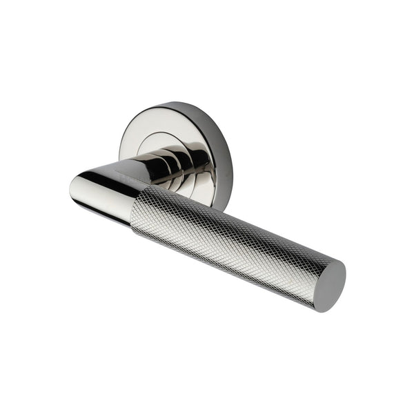 Bauhaus Mitre Knurled Door Handle on Round Rose by M Marcus - Heritage Brass