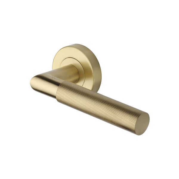 Bauhaus Mitre Knurled Door Handle on Round Rose by M Marcus - Heritage Brass