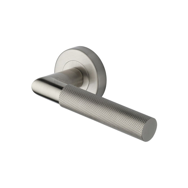 Bauhaus Mitre Knurled Door Handle on Round Rose by M Marcus - Heritage Brass