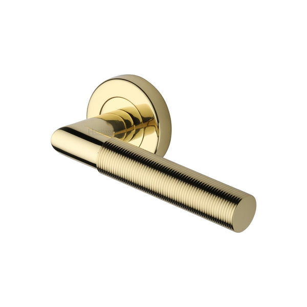 Bauhaus Mitre Reeded Door Handle on Round Rose by M Marcus - Heritage Brass