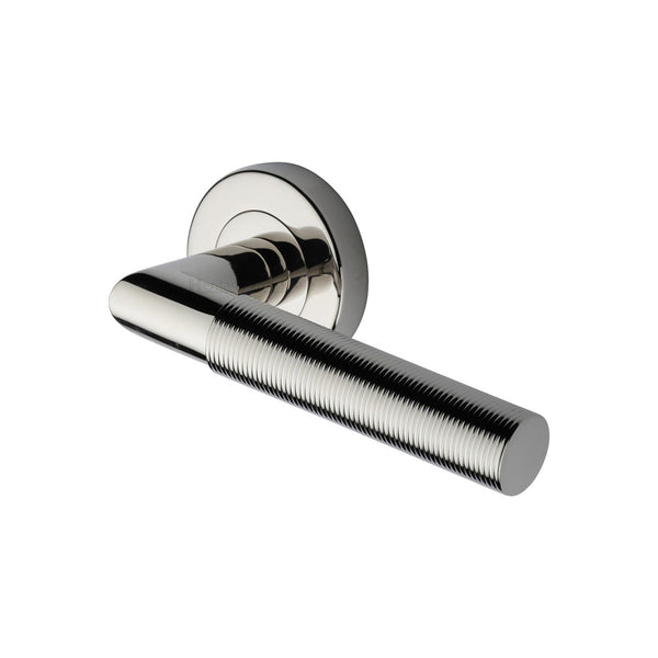 Bauhaus Mitre Reeded Door Handle on Round Rose by M Marcus - Heritage Brass