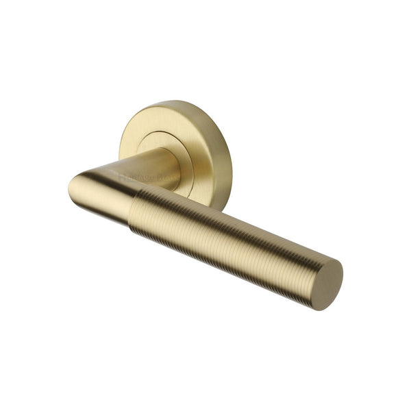 Bauhaus Mitre Reeded Door Handle on Round Rose by M Marcus - Heritage Brass
