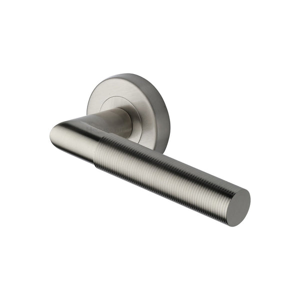 Bauhaus Mitre Reeded Door Handle on Round Rose by M Marcus - Heritage Brass