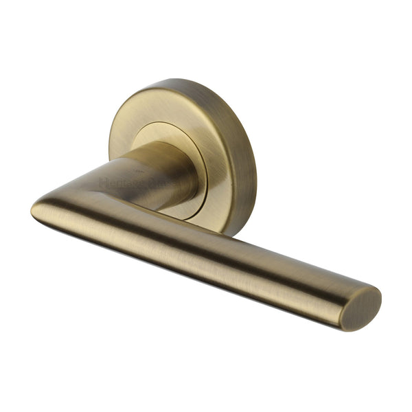 Admiralty Door Handle on Round Rose - Antique Brass
