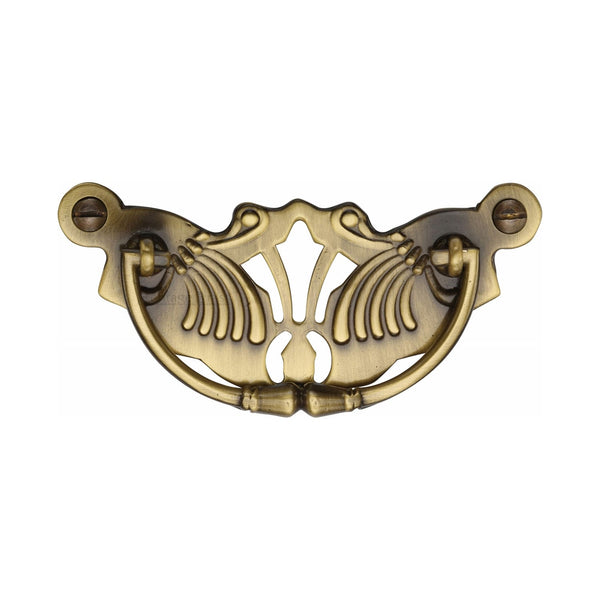 M Marcus - Heritage Brass, Ornate Cabinet Drop Pull, Cabinet Hardware, Cabinet Ring / Drop Pulls