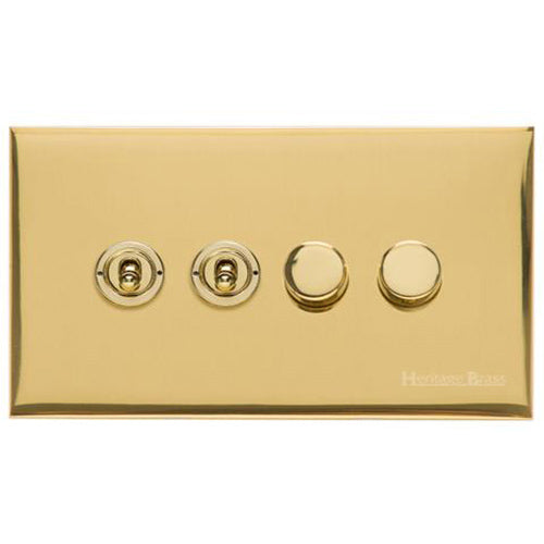 Winchester Range Polished Brass Switches & Sockets, W01 - 4G Mixed Toggle Dimmer Switch 2xToggle 2xTED by Heritage Brass By M-Marcus