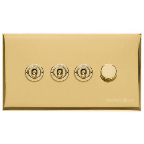 Winchester Range Polished Brass Switches & Sockets, W01 - 4G Mixed Toggle Dimmer Switch 3xToggle 1xTED by Heritage Brass By M-Marcus