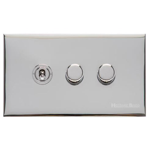 Winchester Range Polished Chrome Switches & Sockets, W02 - 3G Mixed Toggle Dimmer Switch 1xToggle 2xTED by Heritage Brass By M-Marcus
