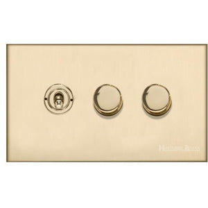 Winchester Range Satin Brass Switches & Sockets, W44 - 3G Mixed Toggle Dimmer Switch 1xToggle 2xTED by Heritage Brass By M-Marcus