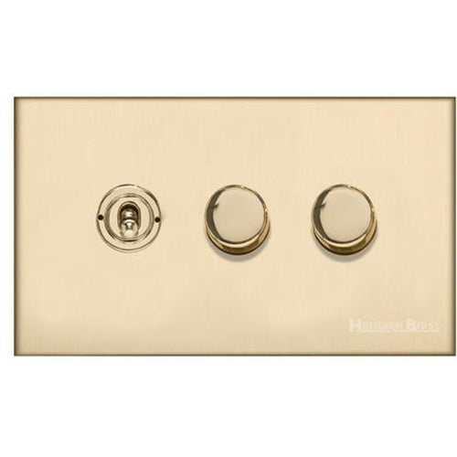 Winchester Range Satin Brass Switches & Sockets, W44 - 3G Mixed Toggle Dimmer Switch 1xToggle 2xTED by Heritage Brass By M-Marcus