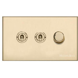Winchester Range Satin Brass Switches & Sockets, W44 - 3G Mixed Toggle Dimmer Switch 2xToggle 1xTED by Heritage Brass By M-Marcus