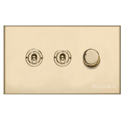 Winchester Range Satin Brass Switches & Sockets, W44 - 3G Mixed Toggle Dimmer Switch 2xToggle 1xTED by Heritage Brass By M-Marcus