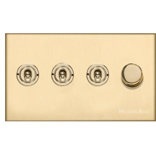 Winchester Range Satin Brass Switches & Sockets, W44 - 4G Mixed Toggle Dimmer Switch 3xToggle 1xTED by Heritage Brass By M-Marcus