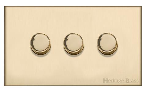 Heritage Brass Electrical, Winchester Range - Satin Brass - 3 Gang Dimmer (400 watts), 3 Gang Dimmer (400 watts), 3 Gang Dimmer (400 watts)