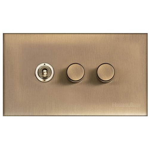 Winchester Range Antique Brass Switches & Sockets, W91 - 3G Mixed Toggle Dimmer Switch 1xToggle 2xTED by Heritage Brass By M-Marcus
