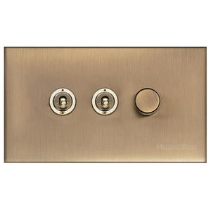 Winchester Range Antique Brass Switches & Sockets, W91 - 3G Mixed Toggle Dimmer Switch 2xToggle 1xTED by Heritage Brass By M-Marcus