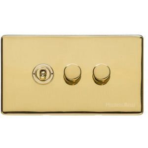 Vintage Range Polished Brass Switches & Sockets, X01 - 3G Mixed Toggle Dimmer Switch 1xToggle 2xTED by Heritage Brass By M-Marcus