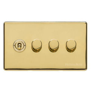 Vintage Range Polished Brass Switches & Sockets, X01 - 4G Mixed Toggle Dimmer Switch 1xToggle 3xTED by Heritage Brass By M-Marcus