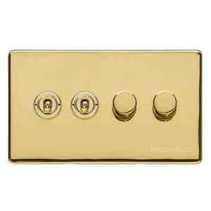 Vintage Range Polished Brass Switches & Sockets, X01 - 4G Mixed Toggle Dimmer Switch 2xToggle 2xTED by Heritage Brass By M-Marcus