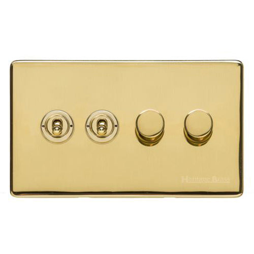 Vintage Range Polished Brass Switches & Sockets, X01 - 4G Mixed Toggle Dimmer Switch 2xToggle 2xTED by Heritage Brass By M-Marcus