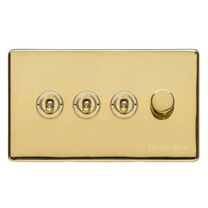 Vintage Range Polished Brass Switches & Sockets, X01 - 4G Mixed Toggle Dimmer Switch 3xToggle 1xTED by Heritage Brass By M-Marcus