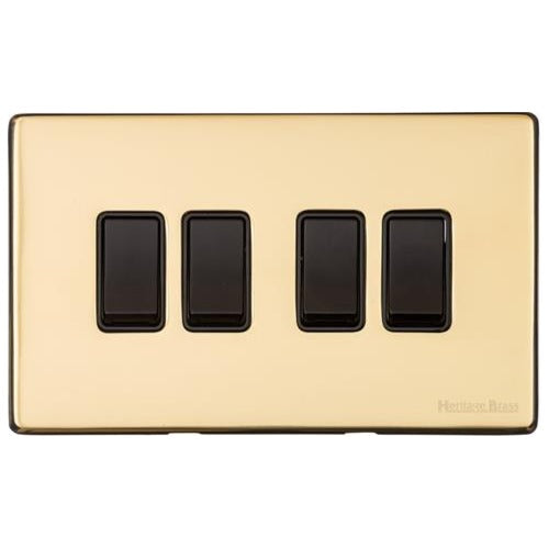 Vintage Range Polished Brass Switches & Sockets, X01 - 4 Gang Rocker Switch by Heritage Brass By M-Marcus