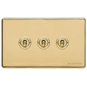 Vintage Range Unlacquered Polished Brass Switches & Sockets, XUL - 3 Gang Toggle Switch by Heritage Brass By M-Marcus
