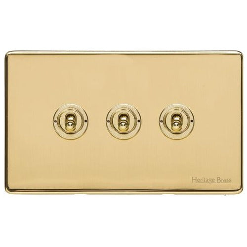 Vintage Range Unlacquered Polished Brass Switches & Sockets, XUL - 3 Gang Toggle Switch by Heritage Brass By M-Marcus