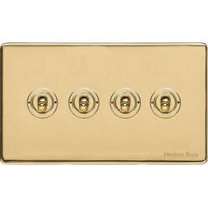 Vintage Range Polished Brass Switches & Sockets, X01 - 4 Gang Toggle Switch by Heritage Brass By M-Marcus