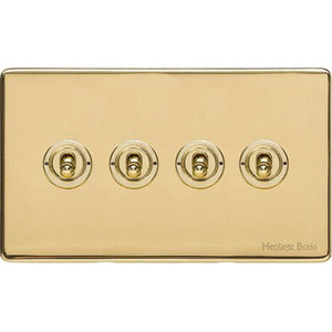 Windsor Range Polished Brass Switches & Sockets, WN1 - 4 Gang Toggle Switch by Heritage Brass By M-Marcus