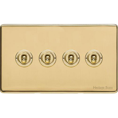 Vintage Range Unlacquered Polished Brass Switches & Sockets, XUL - 4 Gang Toggle Switch by Heritage Brass By M-Marcus