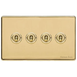 Vintage Range Unlacquered Polished Brass Switches & Sockets, XUL - 4 Gang Toggle Switch by Heritage Brass By M-Marcus