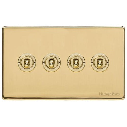Vintage Range Unlacquered Polished Brass Switches & Sockets, XUL - 4 Gang Toggle Switch by Heritage Brass By M-Marcus