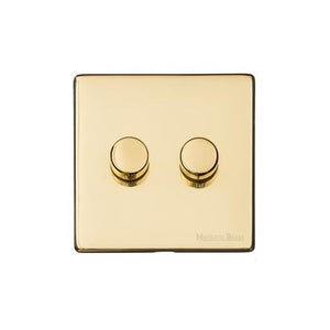 Vintage Range Unlacquered Polished Brass Switches & Sockets, XUL - 2 Gang TED Dimmer (Compatible with LED Lamps) by Heritage Brass By M-Marcus