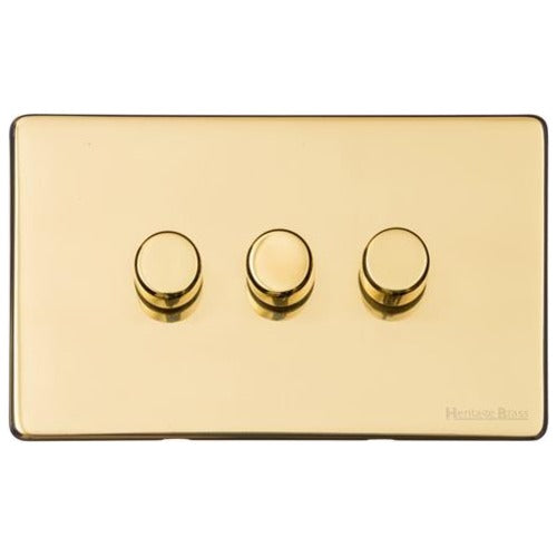 Vintage Range Unlacquered Polished Brass Switches & Sockets, XUL - 3 Gang Dimmer 400 watts (Compatible with halogen/ incandescent bulbs) by Heritage Brass By M-Marcus